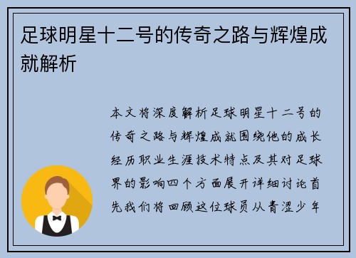 足球明星十二号的传奇之路与辉煌成就解析